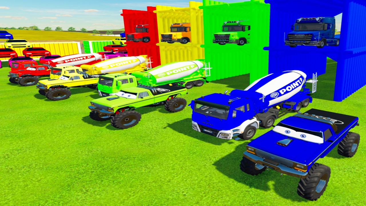 Colorful trucks - ALL COLORFUL MONSTER TRUCK, MIXER CEMENT TRUCK TRANSOTING WITH SCANIA TRUCKS#fs22