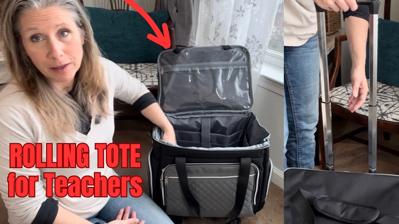 Teacher Rolling Tote Bag w Accordion File Organizer Compartment.