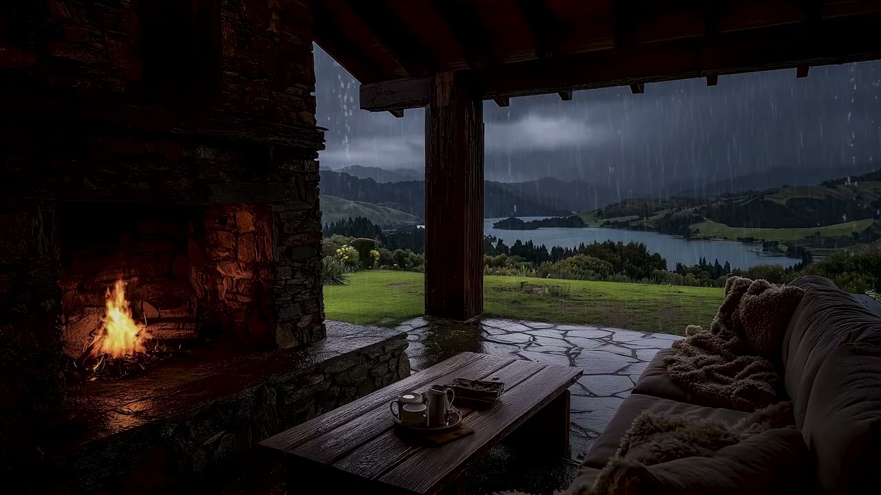 Peaceful Rainy Lake Cabin | Fireplace Ambience for Stress Relief
