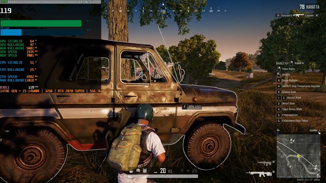 PUBG / RTX 2070 SUPER / İ5-14600K / Ultra Settings