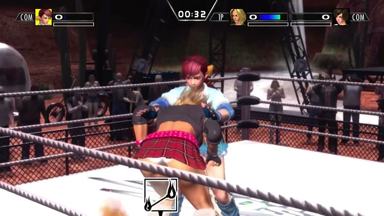 Rumble Rose XX: Dixie Clemets  & Reiko Hinomoto vs Great Kahn handicap  match gameplay video
