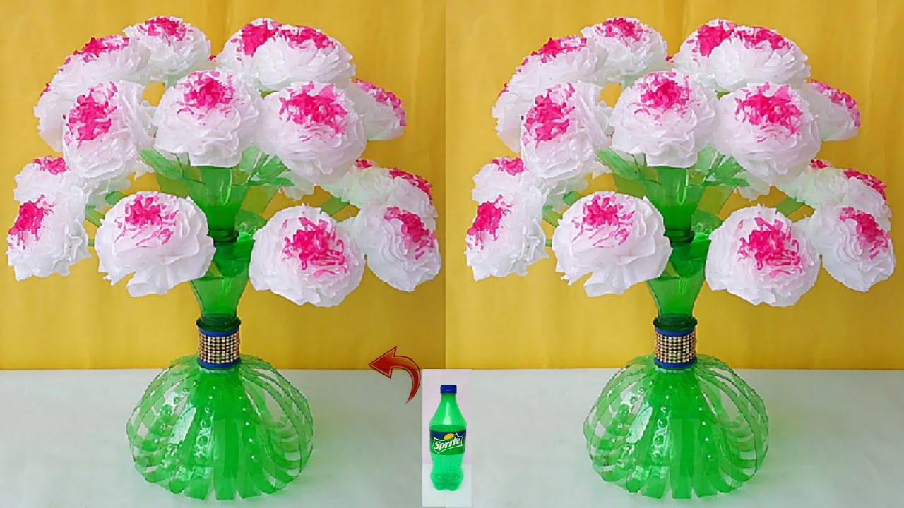 DIY GULDASTA / TISSUE PAPER FLOWER GULDASTA WITH WASTE PLASTIC BOTTLE VASE CRAFT 