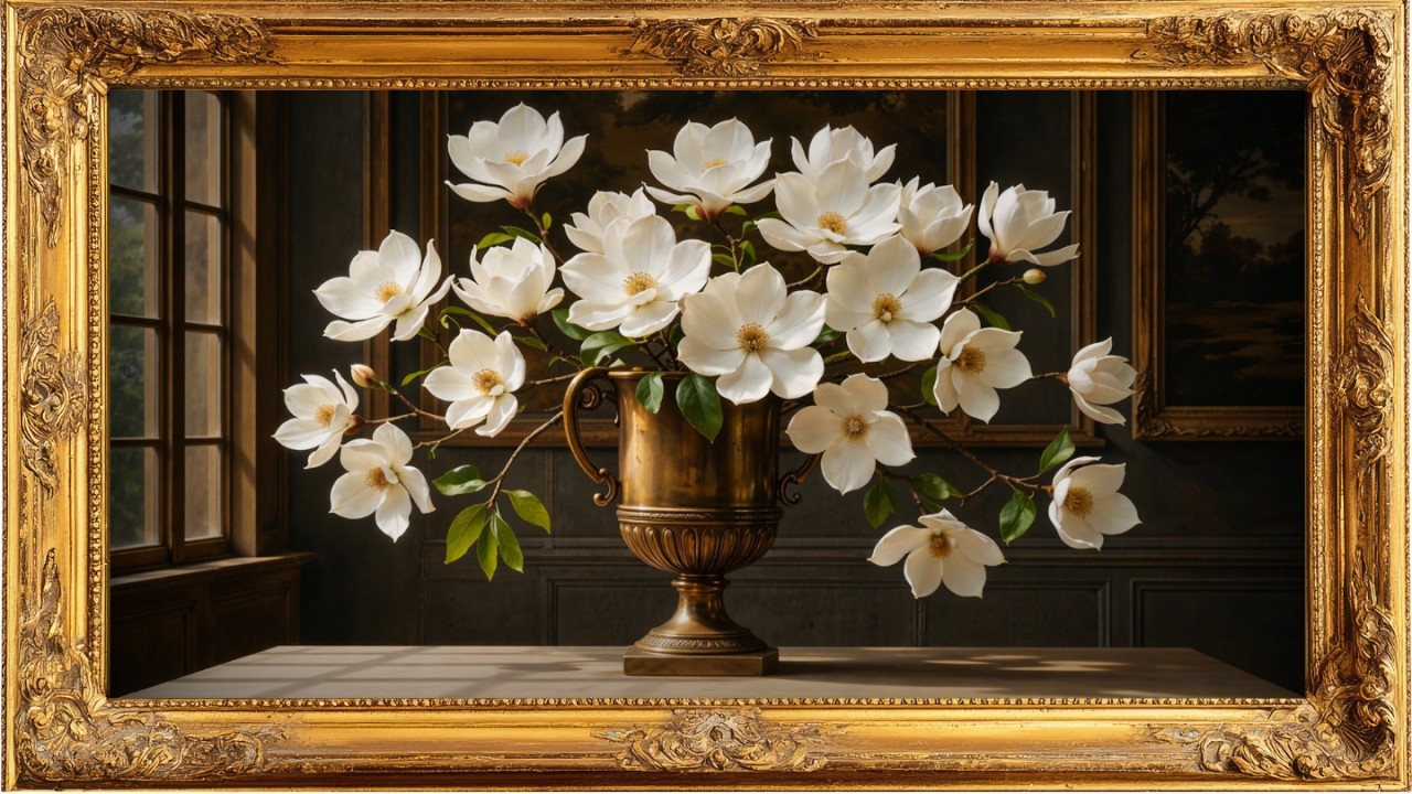 Frame Art TV Without Music : Vintage White Magnolia TV Art 4k | Bronze Framed Floral Home Decor