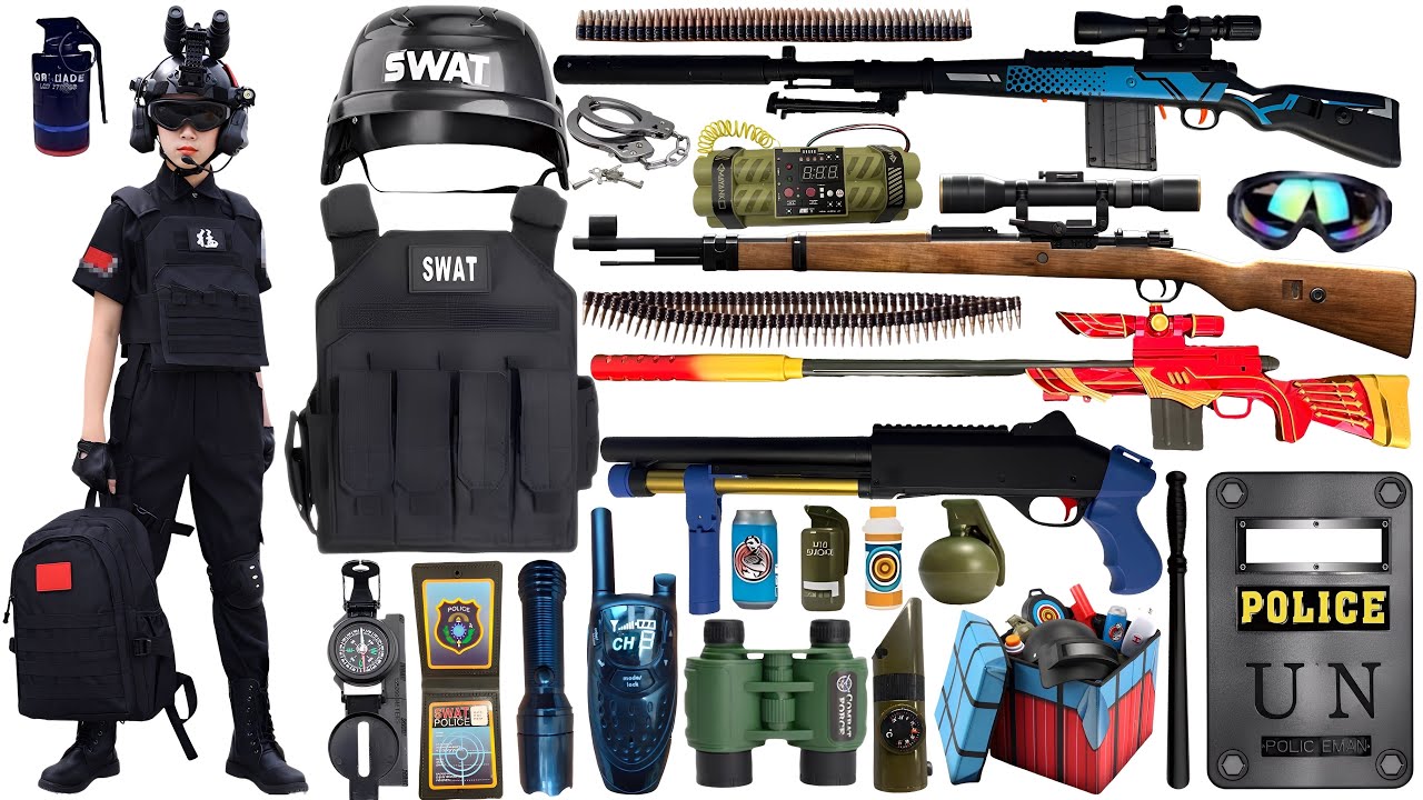Special police weapon toy set unboxing, 98K sniper rifle, tactical helmet,Glock pistol,hunting rifle