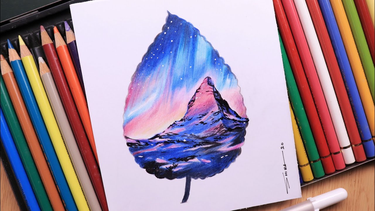 Scenery drawing with pencil colour - Landscape scenery mountain Coloured pencil