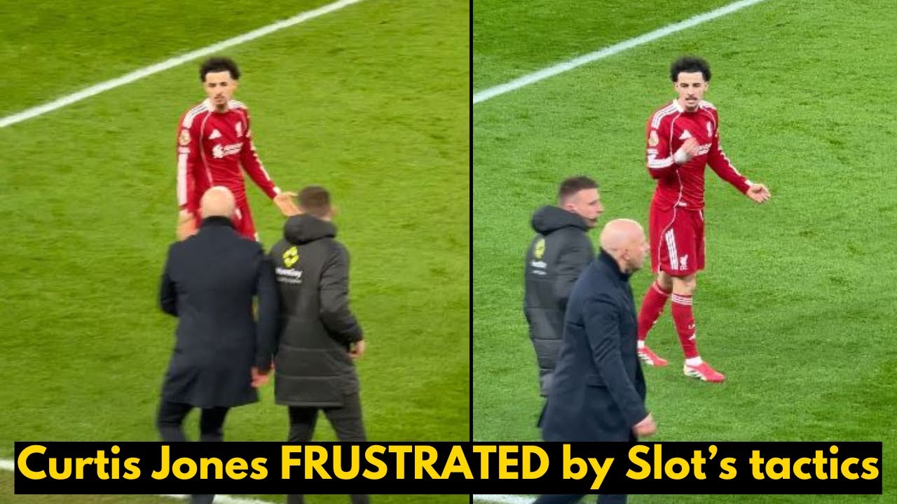 Moment Curtis Jones clashes with Arne Slot in heated touchline exchange