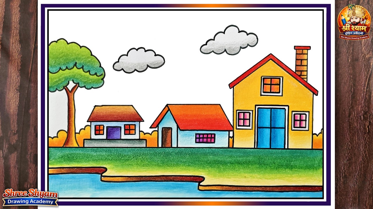 Simple village scenery drawing / Easy pencil colour sketch for beginners