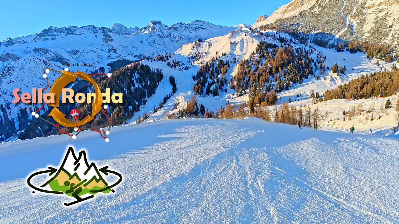 Sellaronda: Dolomites Italy Clockwise orange part 1. Alta Badia - Arabba. World Famous Ski Circuit.