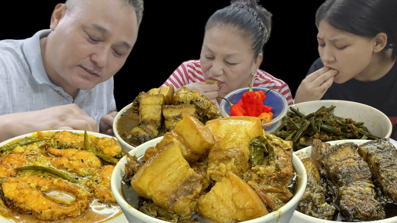 AUTHENTIC THREE TRIBES OF PORK & FISH CURRY BORO, MISING & KARBI TRIBES OF ASSAM ULTIMATE MUKBANG