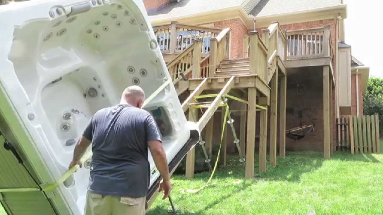 High Deck Hot Tub Move Artesian 8x8 Standing Up off 20' High Deck Spa Guy Moving Videos