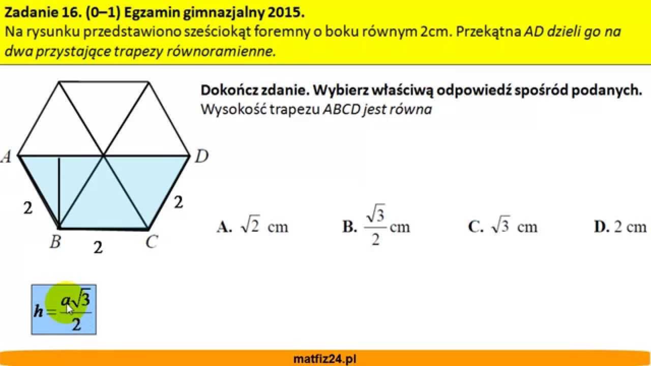 Wysokość trapezu - Egzamin gimnazjalny z matematyki 2015 - zad 16 - MatFiz24.pl