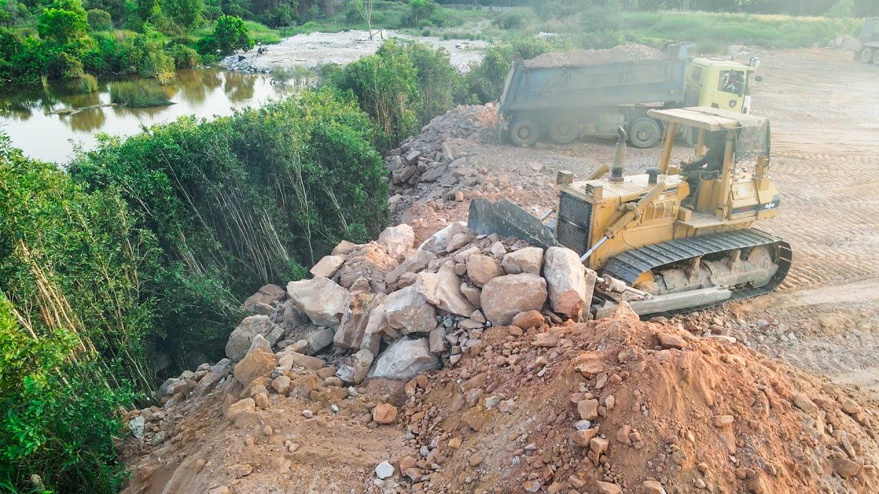 Incredible High Stones Falling ! Expertly Bulldozers Drivers Team Push Most Stones With Dump Trucks