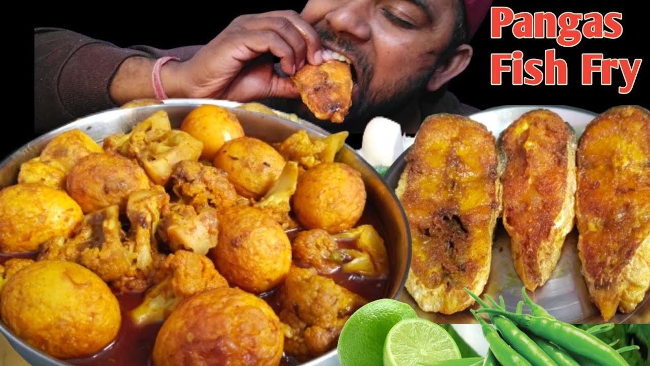 Very Tasty Pangas Fish Fry Eating, Masala Cauliflower Egg Curry, Vegetable Egg Curry Eating, Chilli