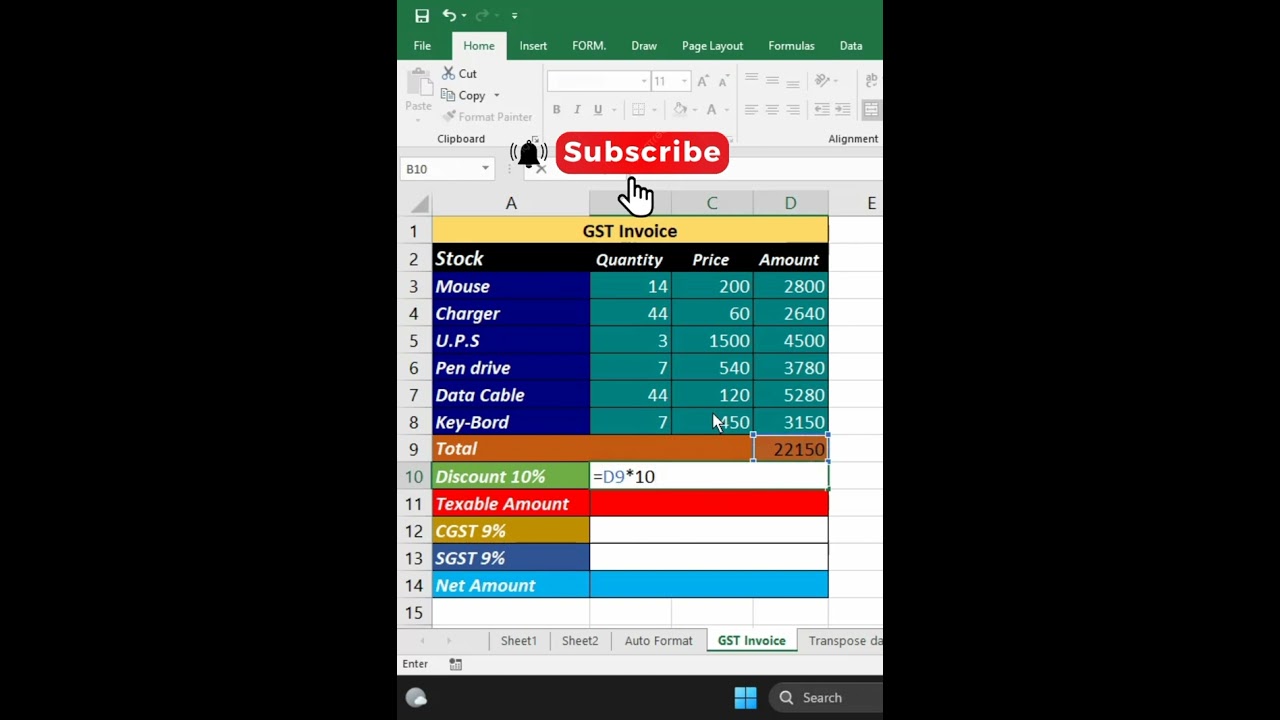 #shorts  GST Invoice Formula Tips 💡Total, Discount, Texable Amount , SGST, CGST, Net Amount