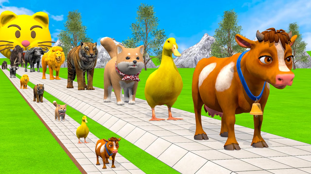 Long Slide Game With Cow Elephant Gorilla Hippopotamus Tiger - 3d Animal Game - Funny 3d Animals