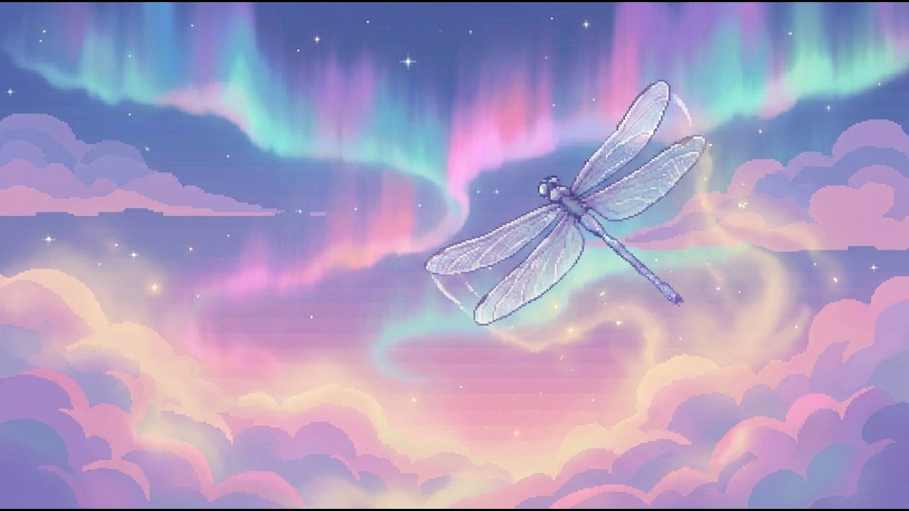 Dragonfly Dancing Through Aurora Clouds | Cozy Pixel Art Lofi
