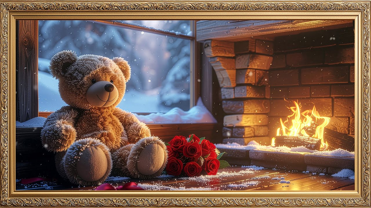 4K Framed TV Art: Cozy Teddy Bear & Fireplace Glow | Valentine’s Ambience