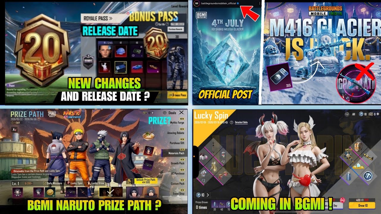 BGMI NARUTO PRIZE PATH / NEXT CLASSIC CRATE M416 GLACIER / FREE LUCKY COINS BGMI A20 ROYAL PASS DATE