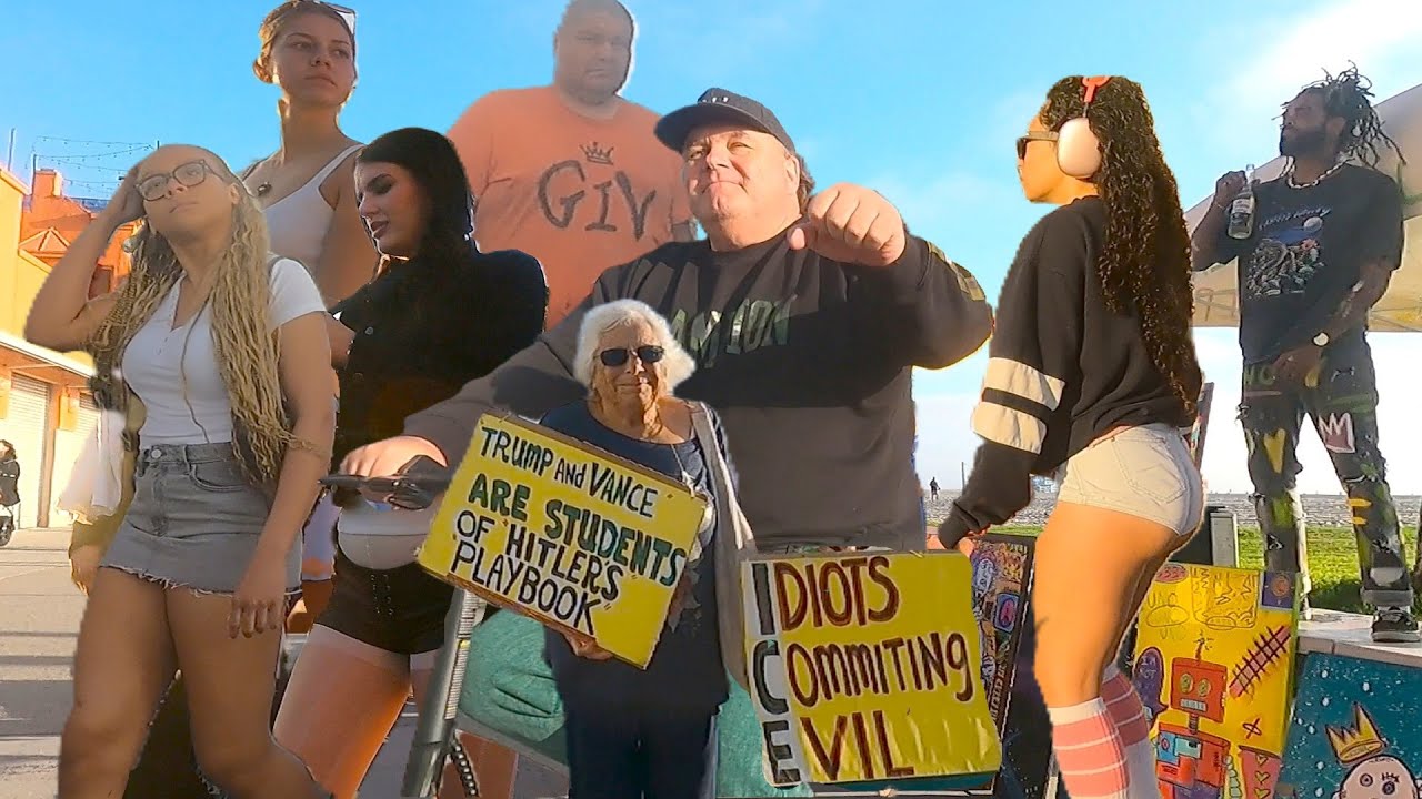 Crowded Sunny Weekend Tour of Venice Beach - People watching walk: GIV, Tourist, Protesters, Ballers