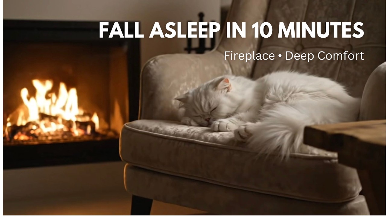 Fall Asleep in 10 Minutes 🔥 | White Cat by Fireplace | 30-Minute Deep Sleep Calm