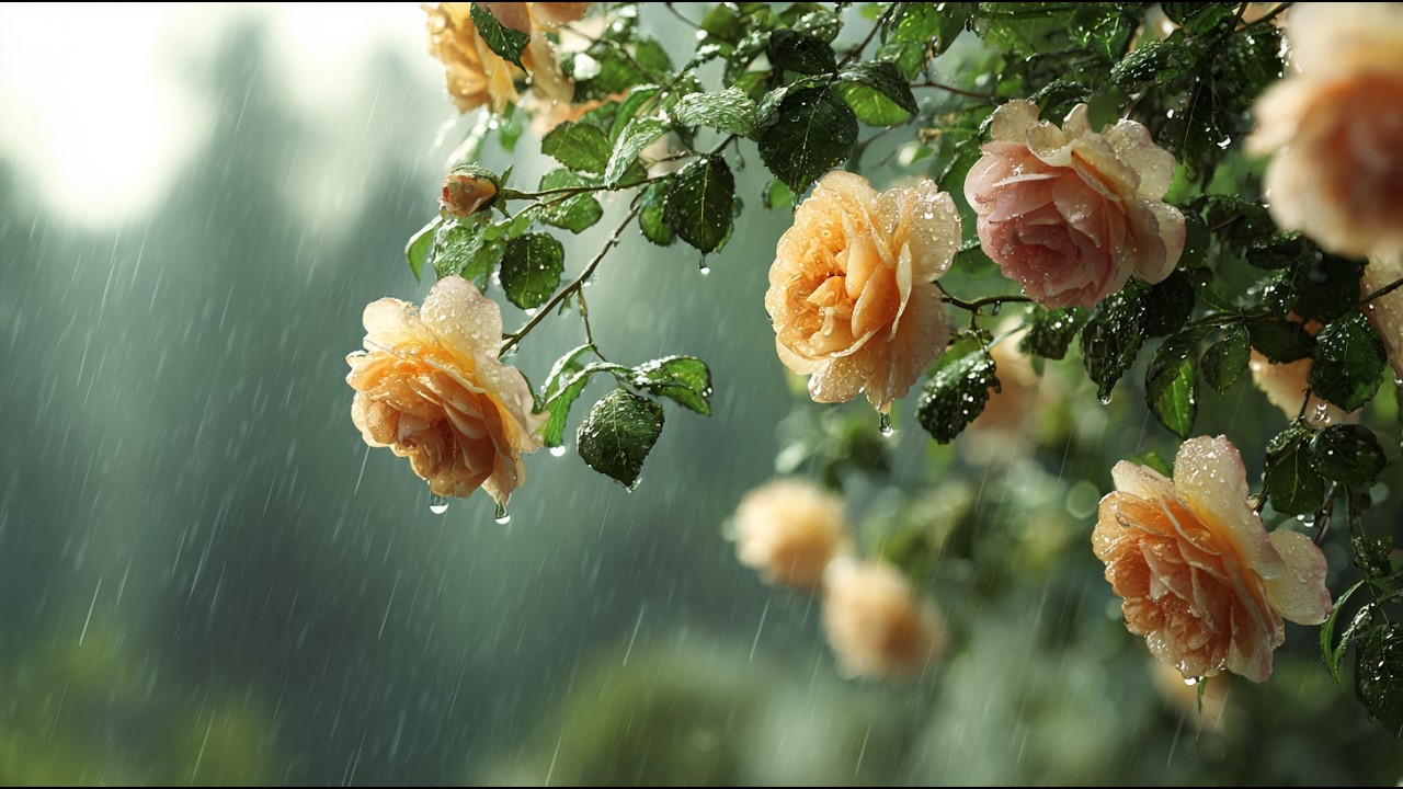 Gentle Rain on Golden Roses 🌧️ Soft Garden Rain & Water Drops