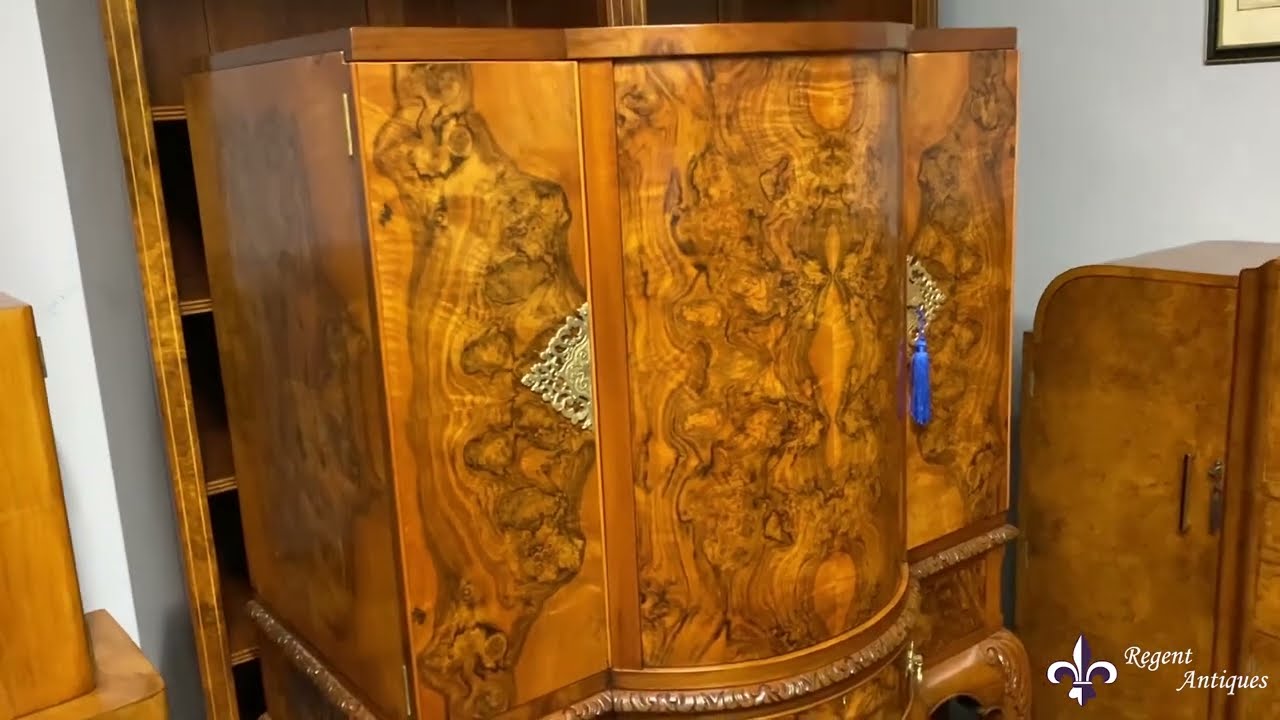 Antique Burr Walnut Cocktail Drinks Dry Bar Cabinet & Glassware C1920