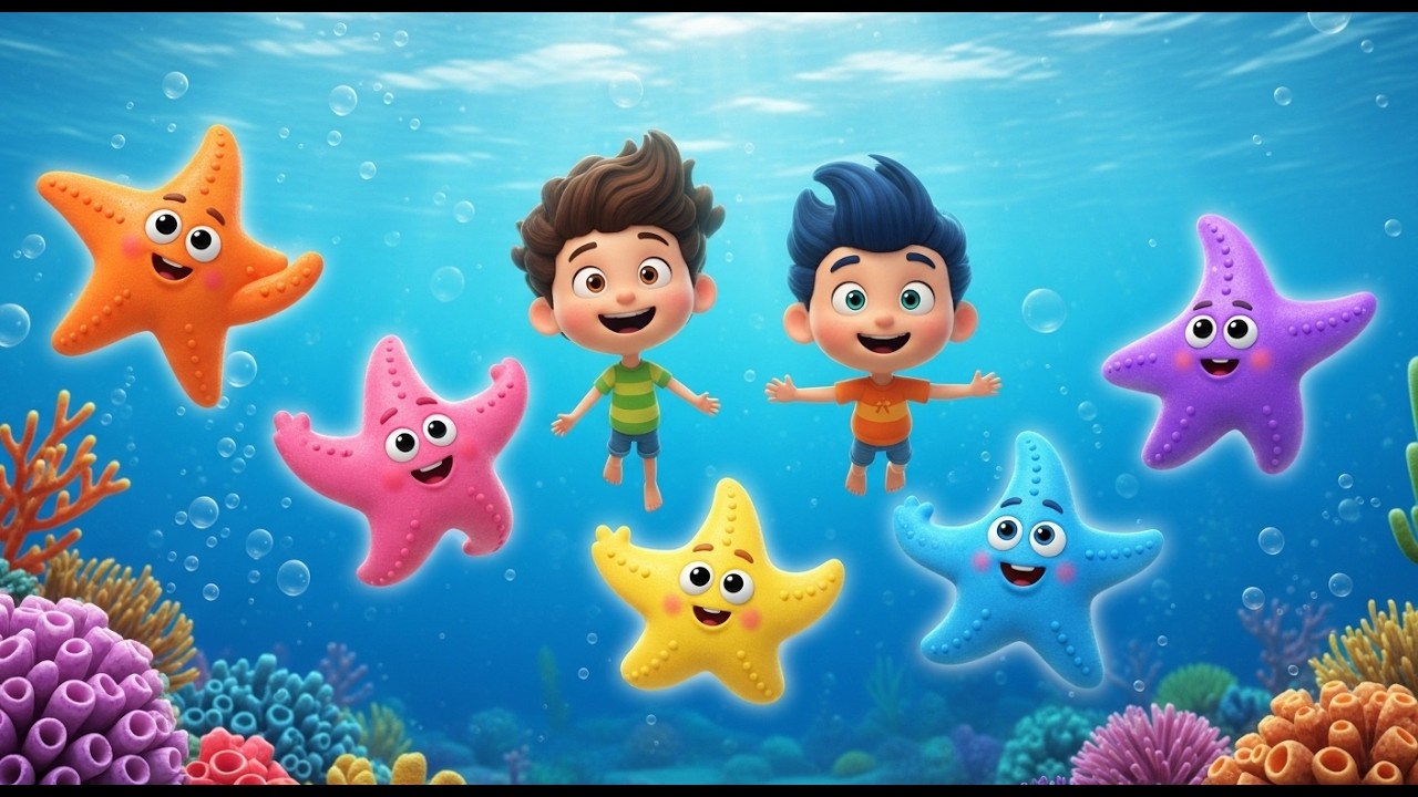 Cinco pequeñas estrellas de mar brillan y brillan | Canciones del Océano para Niños