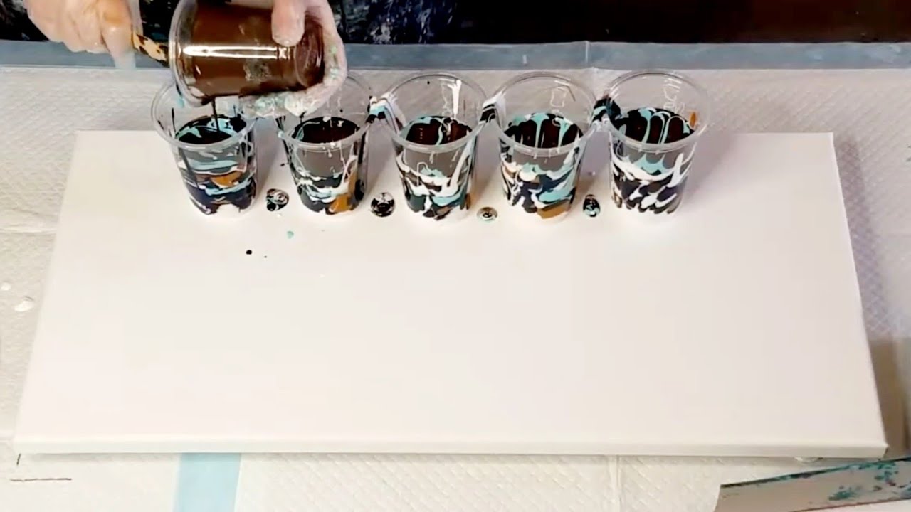 #2232 HUGE Five Flip Cup Acrylic Pour In Blues And Browns