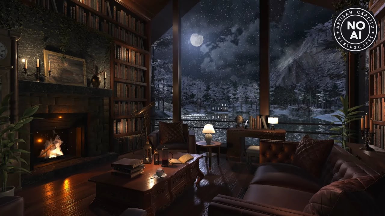 Winter Library Night Ambience | Fireplace, Snow & Blizzard Sounds