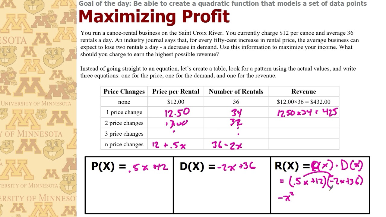 Creating Quadratic Revenue Functions to Maximize Profit with Mr. Larson