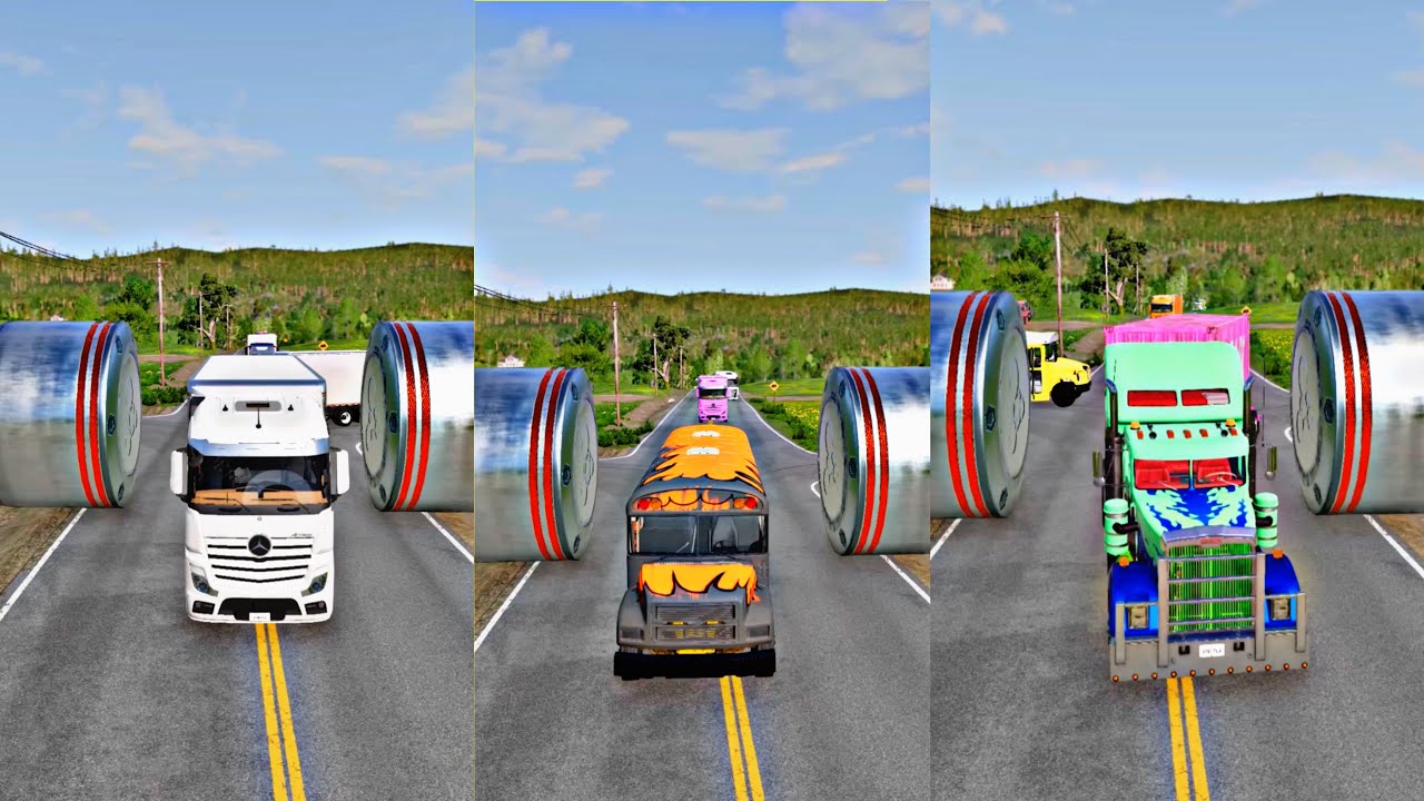 Mix Color Trucks vs Giant Bollard💥 - BeamNG.drive #8 