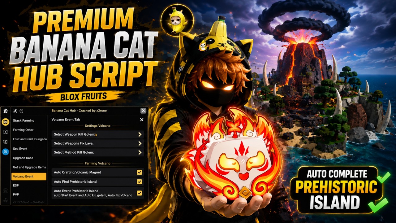 Premium Banana Cat Hub Script | Auto Complete Prehistoric Island + Volcano Event | Blox Fruits