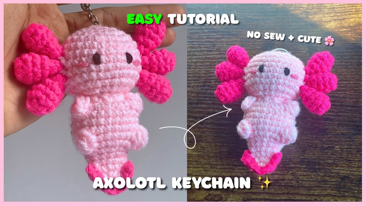 No Sew Crochet Axolotl Tutorial 🌸 | step by step for absolute beginners + cute keychain idea 