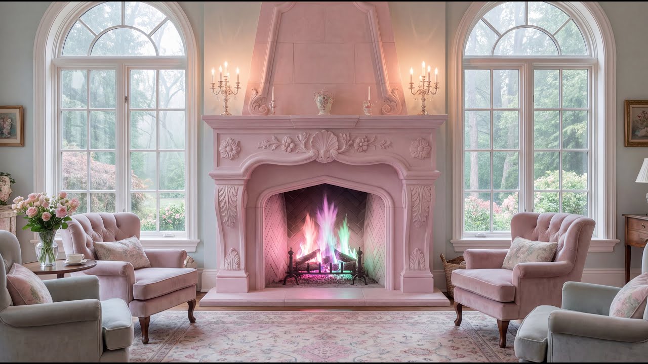Fireplace Background: Pastel Pink Parlor with Rainbow Flames | 4K No Music