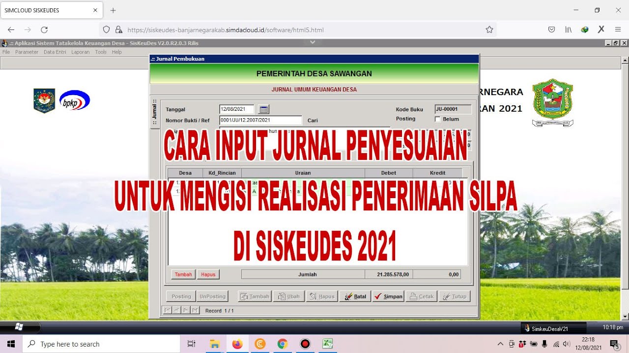 Cara Membuat Jurnal Penyesuaian Siskeudes 2021 | Input Realisasi Penerimaan Silpa Tahun Sebelumnya