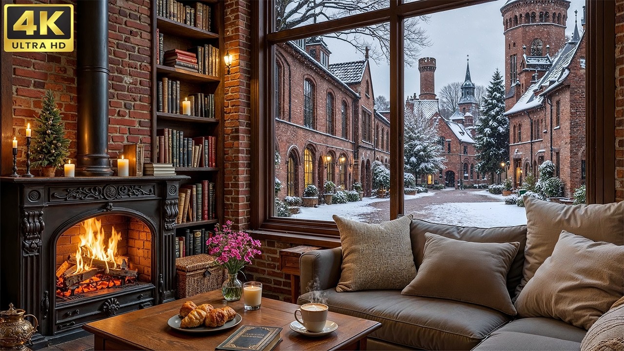Quiet Winter Café Ambience ❄️ Soft Jazz Piano & Fireplace Sounds for Study, Work & Relax