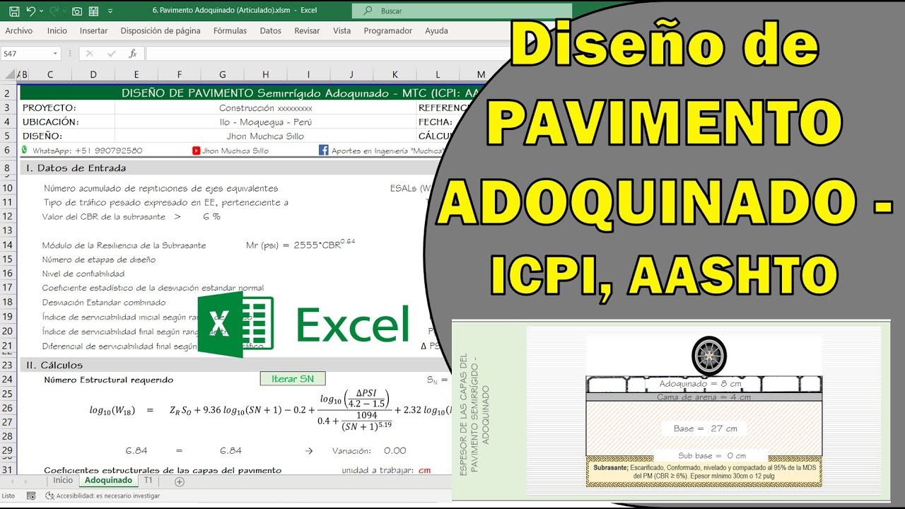 Diseño de Pavimento Adoquinado - Articulado según: ICPI, AASHTO (Plantilla excel profesional)