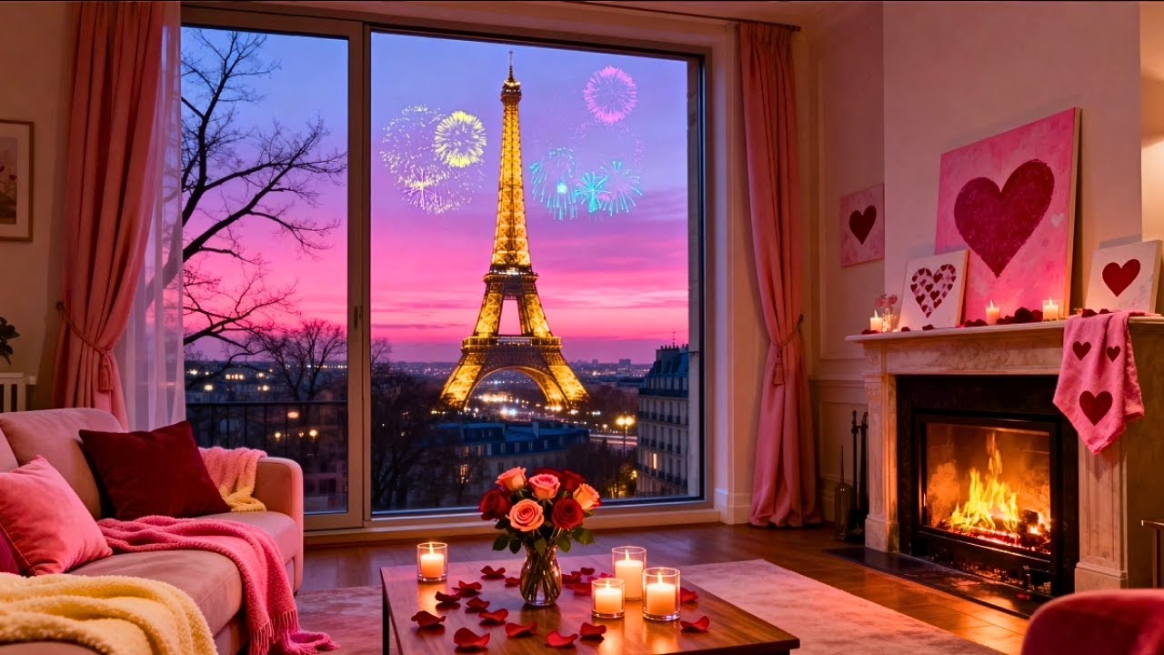 🔴 Valentine's Day Paris 24/7 | 🗼 Eiffel Tower View | 🔥 Romantic Fireplace