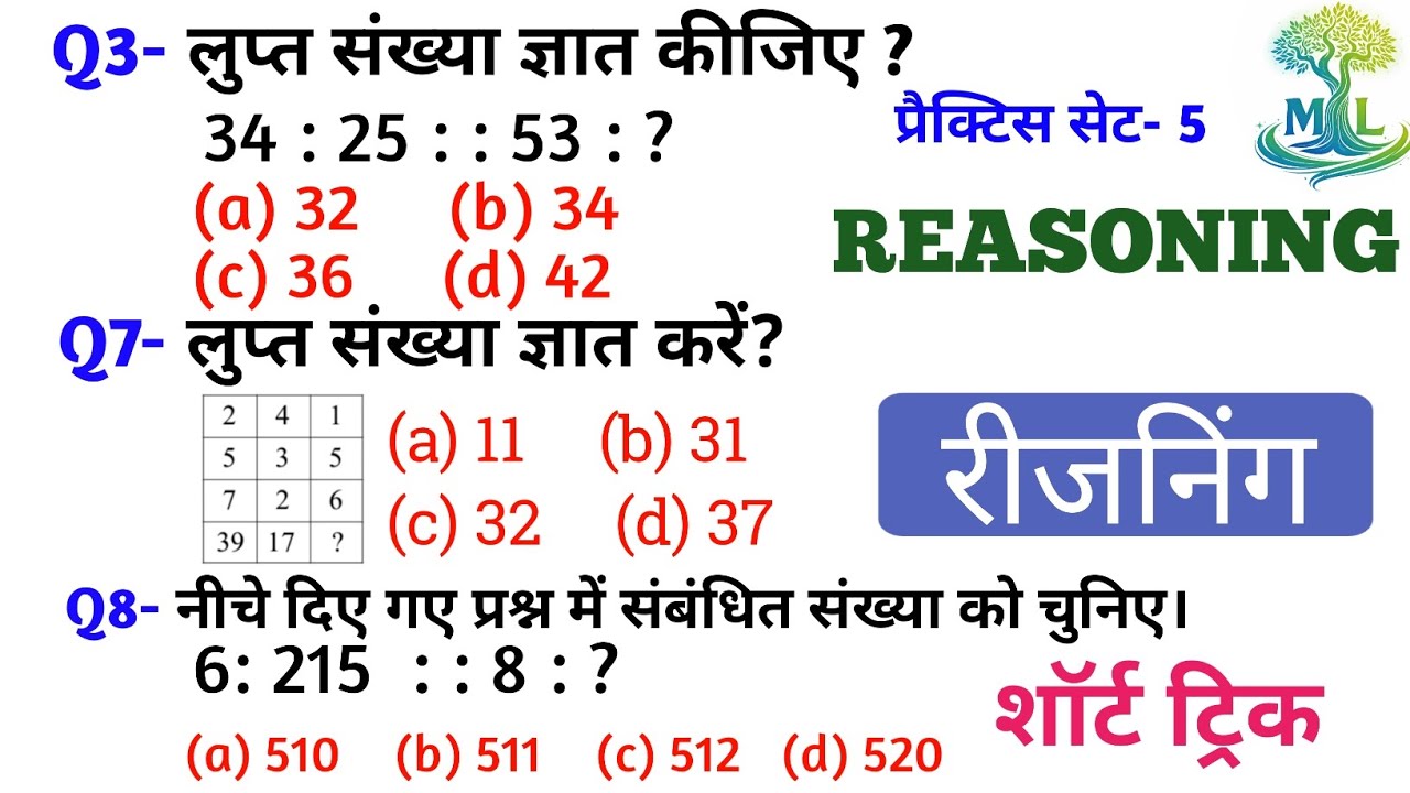 रीजनिंग प्रैक्टिस Set 5 | शार्ट ट्रिक | SSC CGL CHSL CPO GD | RRB NTPC GROUP D | BPSC AEDO BANKING