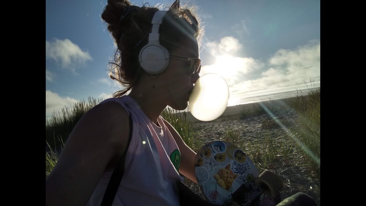 Hippie Skater Chick Blowing Bubblegum on Beach at Sunset | Skateboarding Beach Bum Break Vlog