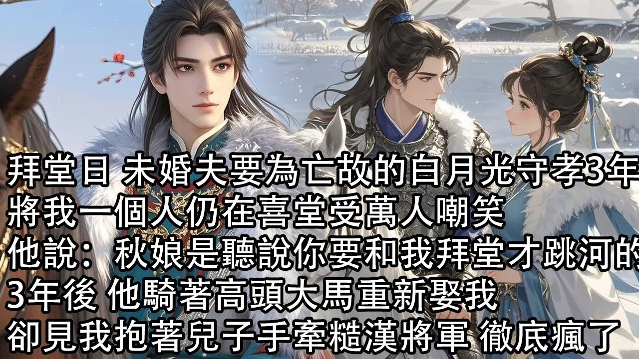 【完結】拜堂日 未婚夫要為亡故的白月光守孝3年，將我一個人仍在喜堂受萬人嘲笑，他說：秋娘是聽說你要和我拜堂才跳河的，3年後 他騎著高頭大馬重新娶我，卻見我抱著兒子手牽糙漢將軍 徹底瘋了