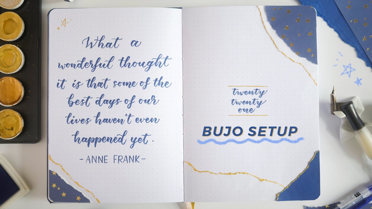 𖤐 2021 Bullet Journal Setup (Classic Navy Blue + Gold Theme) BUKE Dot Grid Journal A5