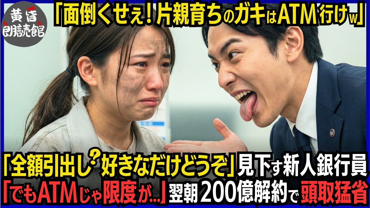 「全額引き出す？片親育ちのガキはATMへどうぞ」病気の父の為、預金を下ろしに来たボロ少女を見下す新人銀行員―「ATMじゃぁ限度が」翌朝、200億円解約で支店崩壊。亡母が残した財産とは#いい話 #逆転劇