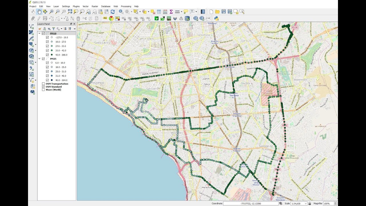 Análisis Espacial de Calidad del Aire Urbano (PM2.5, PM10) en QGIS de dispositivos montados en Taxis