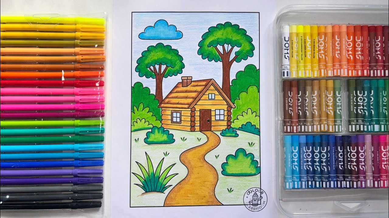 Nature Cottage Coloring Page – Easy Landscape colouring  for Kids 🎨