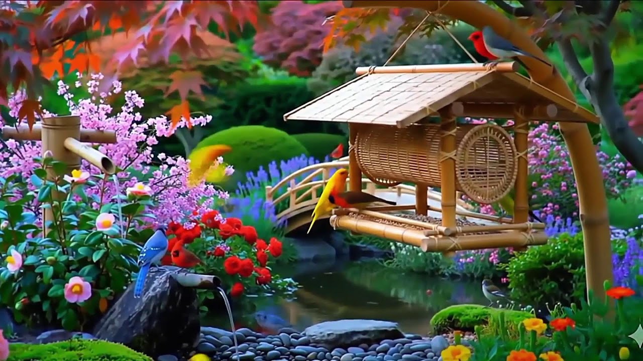 🔴 LIVE 4K Cottage Garden Bird Feeder: Cardinals, Woodpeckers, Song Birds, Bees, Sleep and Flowers