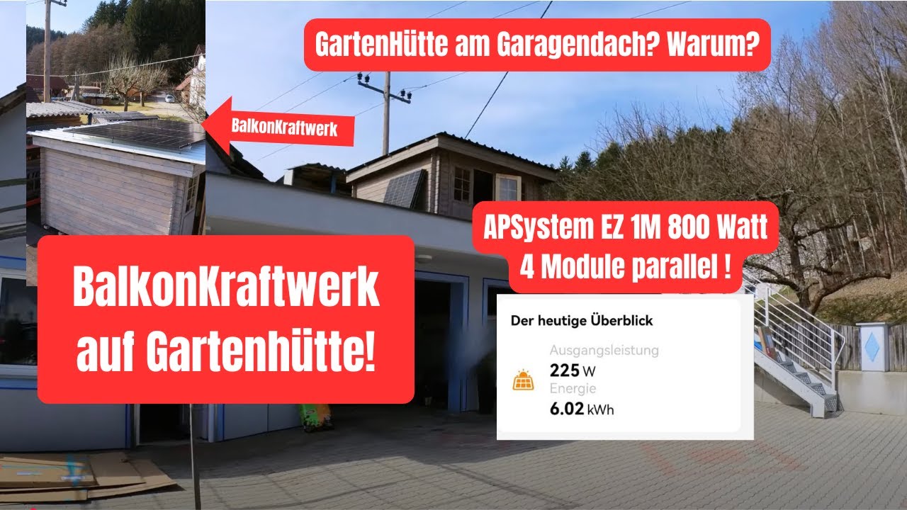 Gartenhütte am Garagendach bekommt ApSystems Ez1M Balkonkraftwerk