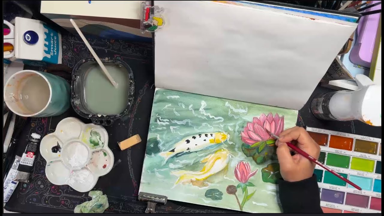 How to paint Koi And Lotus With Gouache