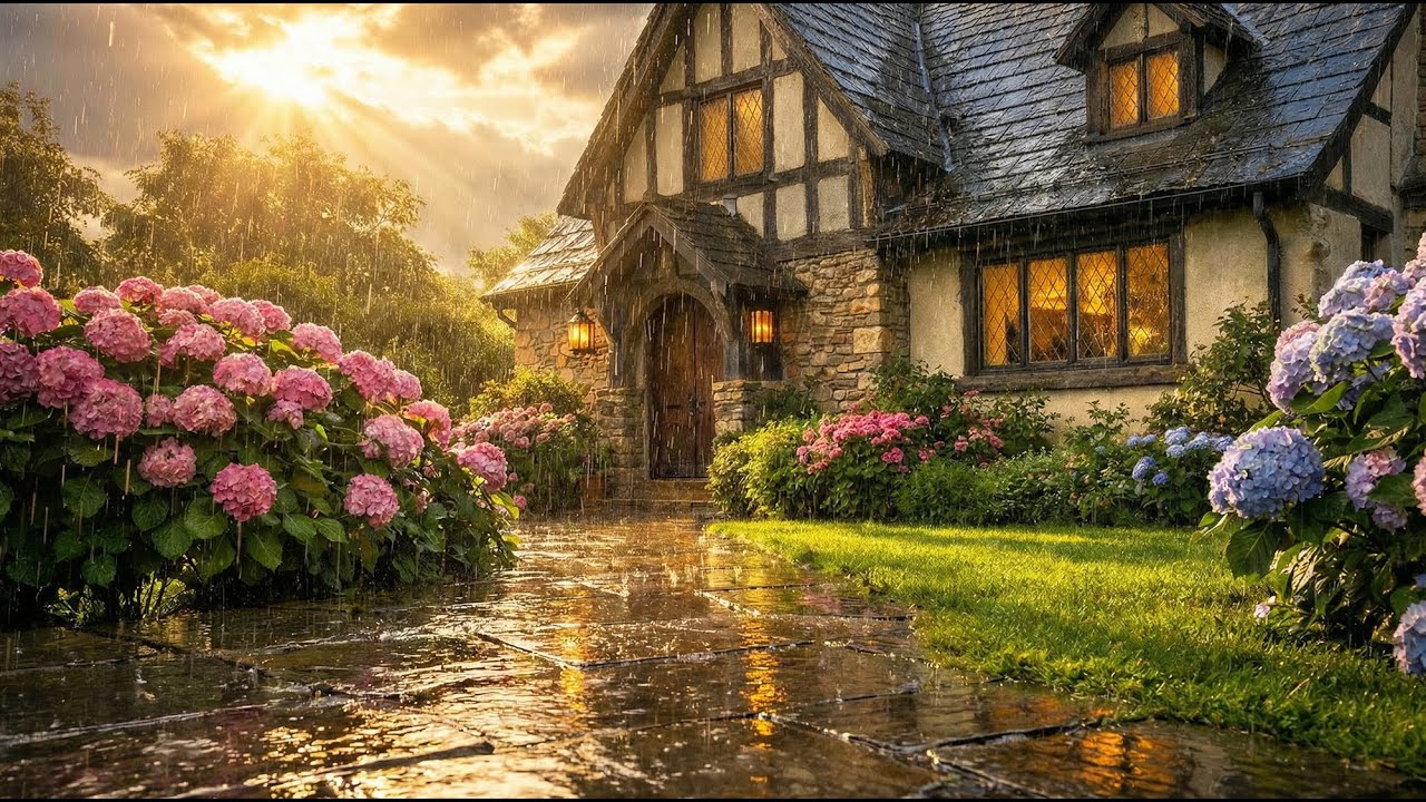 Magical Sunshower at a Stone Cottage 🌦️ Baking Pie, Tea & Relaxing Rain Sounds ASMR