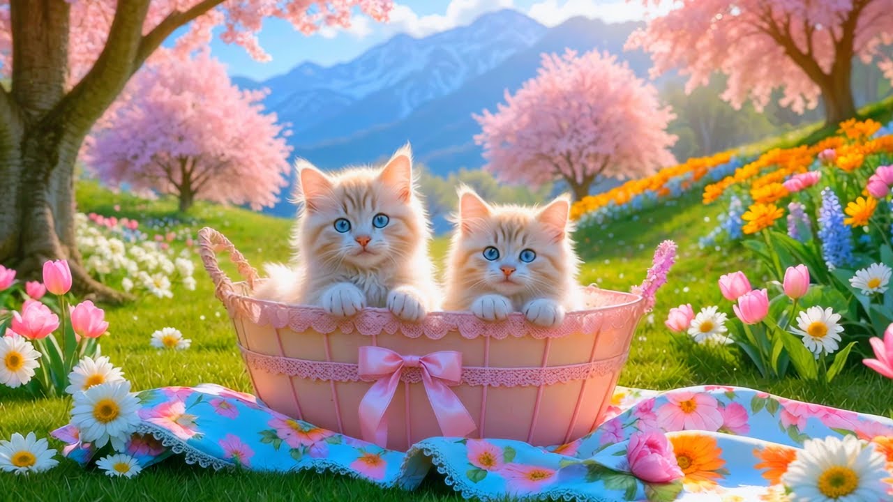 🌷 Relaxing Spring Garden Ambience with Soft Piano Music & Cute Kittens | Calm and Peaceful